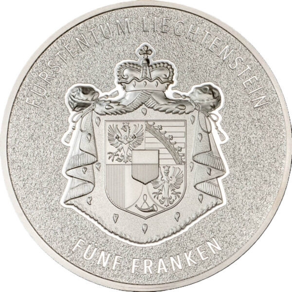 The reverse side of a 2024 Liechtenstein 100 Years of the Swiss Franc 1oz Silver Silk Finish Colorized Coin, featuring the national coat of arms of Liechtenstein