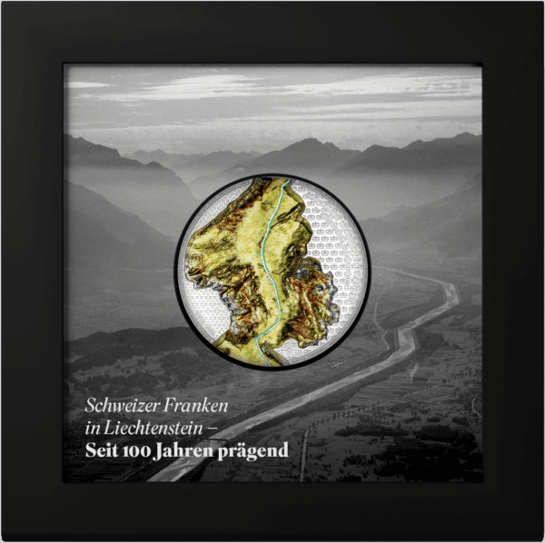 A black, square coin presentation box for the 2024 Liechtenstein 100 Years of the Swiss Franc coin. The lid features an image of the colorized coin design on a black background, with text below it.