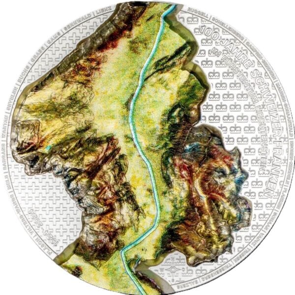 A 2024 Liechtenstein 100 Years of the Swiss Franc 1oz Silver Silk Finish Colorized Coin, featuring a detailed, colorized map or landscape design with a prominent green line, set against a background of micro-text or intricate patterns.