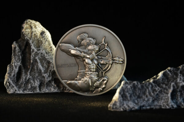SAGITTARIUS zodiac coin with archer figure and bow, silver metal, 2023.