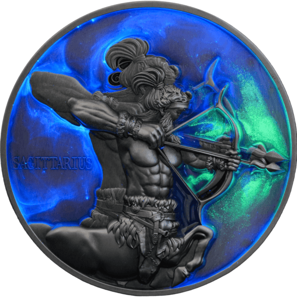 SAGITTARIUS zodiac sign collectible coin featuring a detailed depiction of an archer in black metal with blue and green luminous accents.