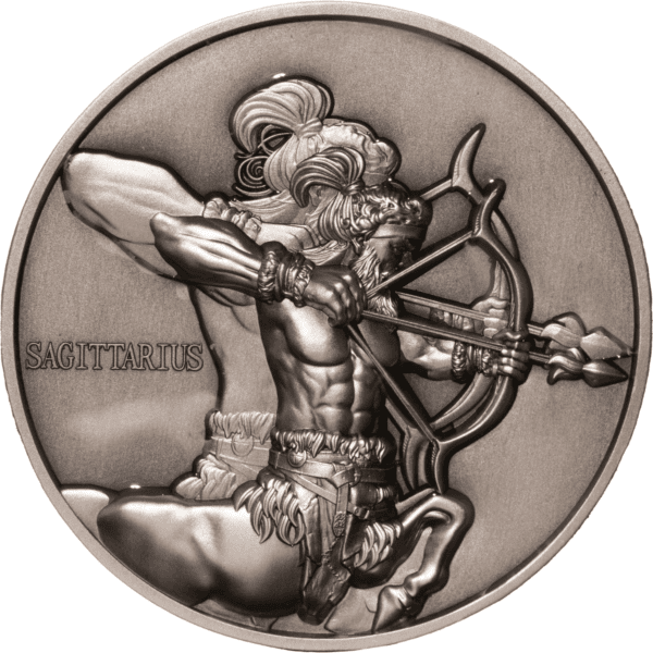Intricately detailed silver coin featuring Sagittarius zodiac sign with a archer aiming a bow, showcasing artistic craftsmanship and astrological symbolism.
