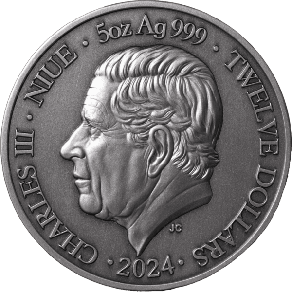Shiny silver 2024 Swiss 2 Franc coin with a portrait of a man in profile, detailed hair, and engraved inscriptions around the edge.