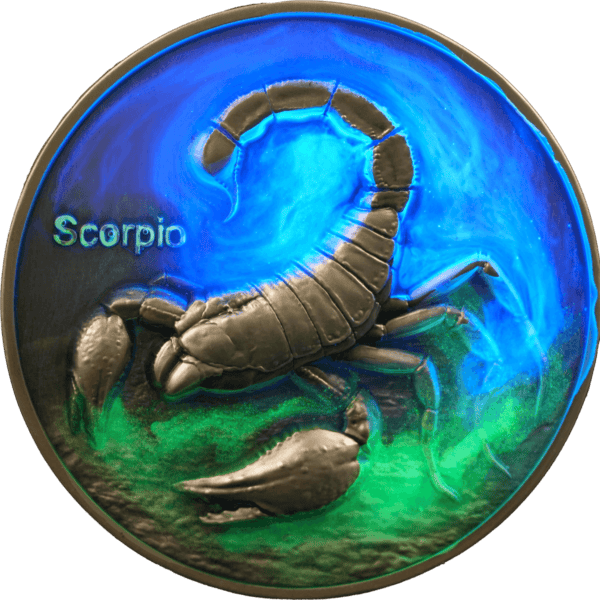 Silver Scorpio zodiac coin with black scorpion design and vibrant blue and green background.