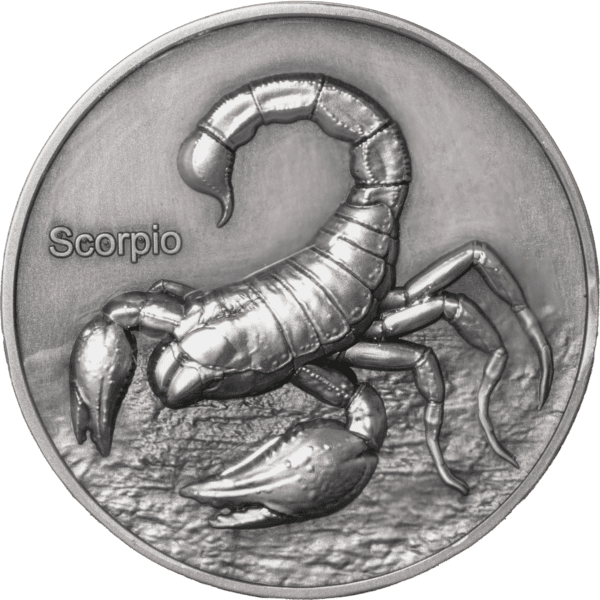 Scorpio zodiac sign silver coin featuring a detailed scorpion illustration and the word "Scorpio".
