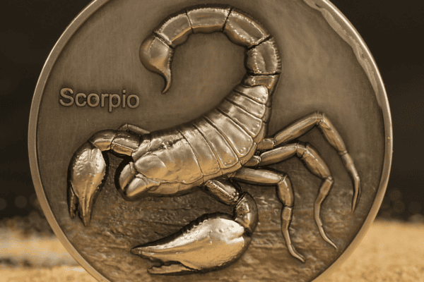 Scorpio zodiac sign engraved on a metallic coin, detailed scorpion image with the text "Scorpio" on the left side, symbolizing astrology and zodiac collectibles.