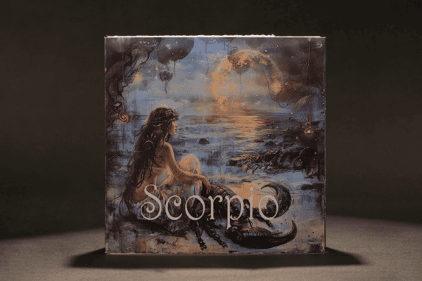 A9A8X12345-Scorpio 2023 collectible coin featuring artistic illustration of a mermaid and a scorpion, symbolizing the Scorpio zodiac sign, with moonlit ocean background.