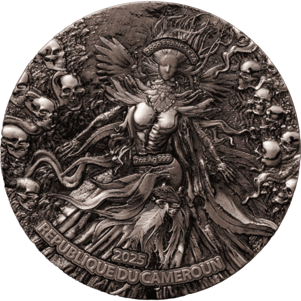 2000 Francs CFA Cameroon 2025 collectible silver coin featuring a detailed mythological female figure with skulls and serpents, inscribed with 2oz Ag 999, displaying intricate craftsmanship and symbolic imagery.