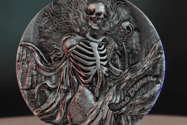 Skeleton skeleton with flowing hair and detailed ribs, engraved with "Bare Bones" on the arm, showcasing intricate artistry and dark thematic design, likely a collectible coin from 2023, USA.