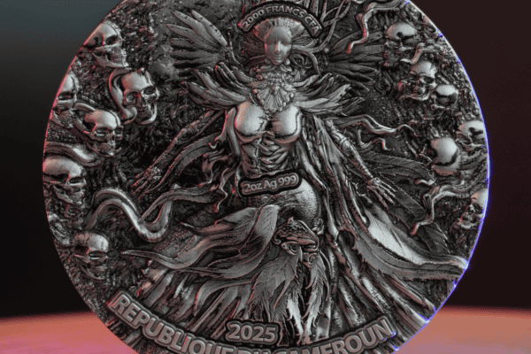 A1_J Refined silver collectible coin featuring a detailed depiction of a mythological female figure with skulls surrounding her, dated 2025, from the Republic of Burkina Faso.
