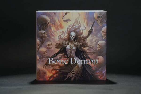 Skeleton woman with flowing hair and skull face surrounded by hovering skulls, depicted in dark fantasy style.
