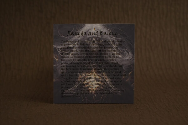 Ranga and barong collectible coin describing Balinese mythology and symbolism, featuring the demon queen and guardian figures from Indonesia, emphasizing protection and cultural artistry.