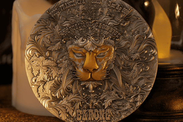 2025 France CFA collectible coin featuring an intricate lion’s face surrounded by detailed floral motifs, inscription "Republique Gabonaise", and the denomination "Baring".