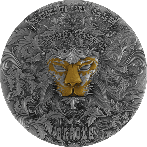 Ornate silver coin featuring a gold lion's face, intricate floral patterns, and detailed inscriptions including the year 2025 and denomination of 8,000 francs from Gabon.