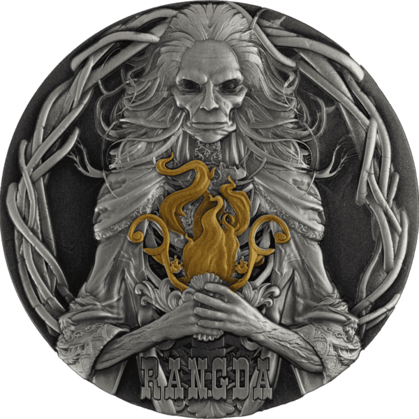 Ranger coin featuring a detailed design of a sinister figure with flowing hair, holding a golden flame, decorated with intricate patterns and the word "RANGER" at the bottom.