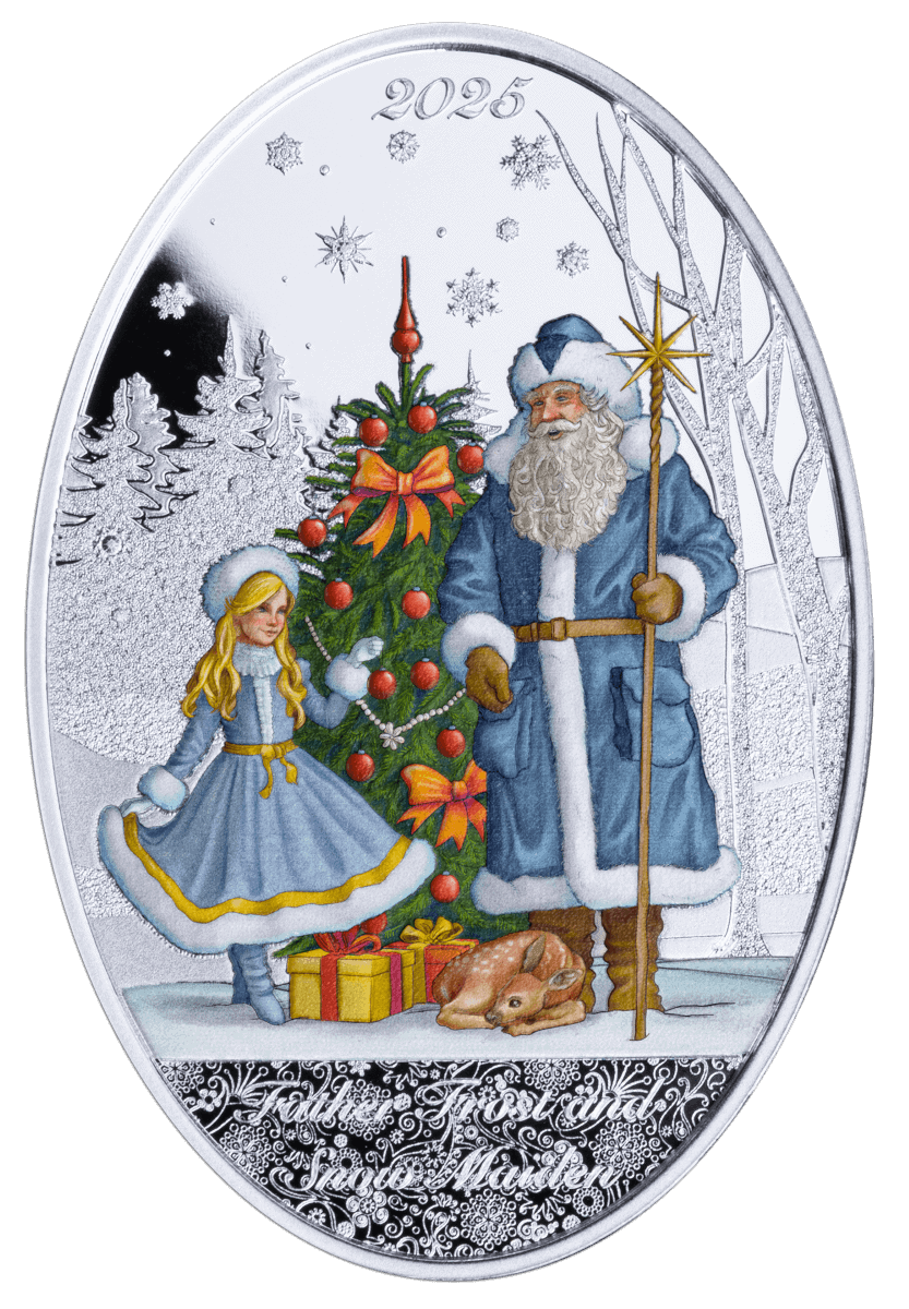 Vintage 2025 Christmas Santa Claus and Girl Collectible Coin with Holiday Decorations, Gift Boxes, and Snowy Winter Landscape, Limited Edition.