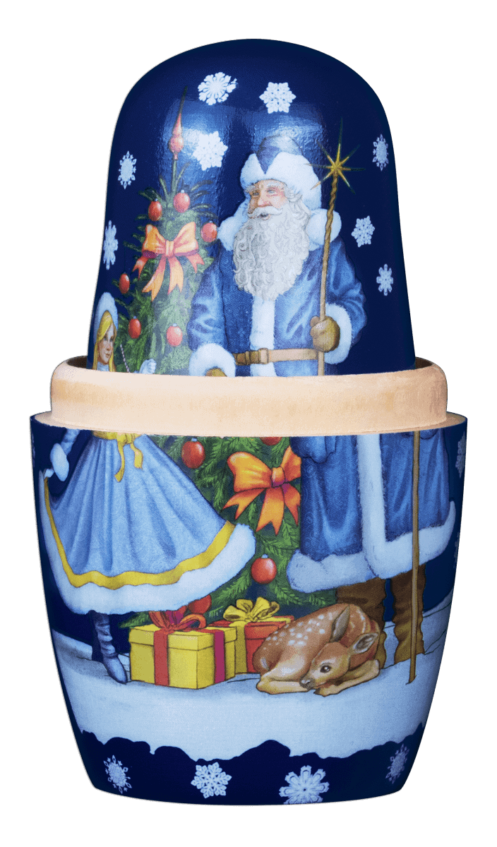 Santa Claus and children with Christmas tree and gifts, collectible holiday-themed coin container, 2023.