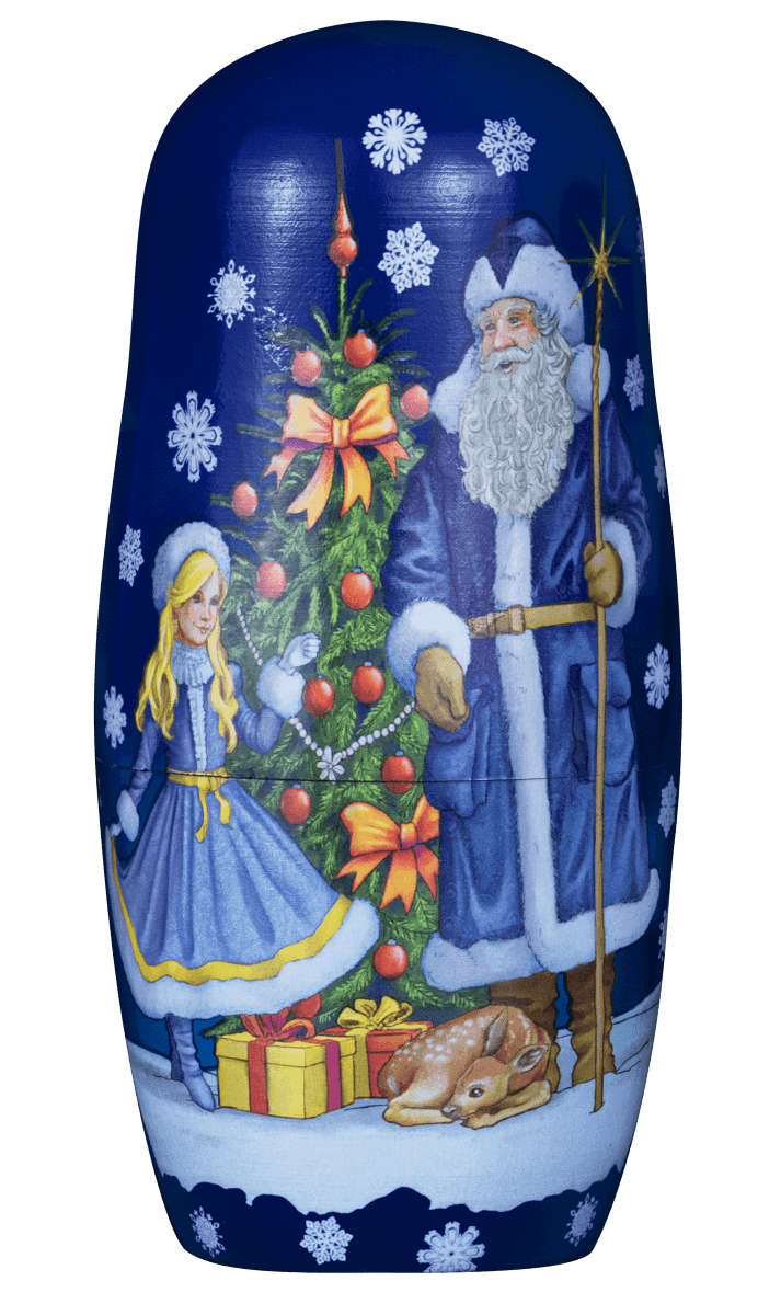 Colorful Christmas-themed collectible souvenir cup featuring Santa Claus and a young girl beside a decorated Christmas tree with presents, snowflakes, and a rabbit, year 2022, country not specified.