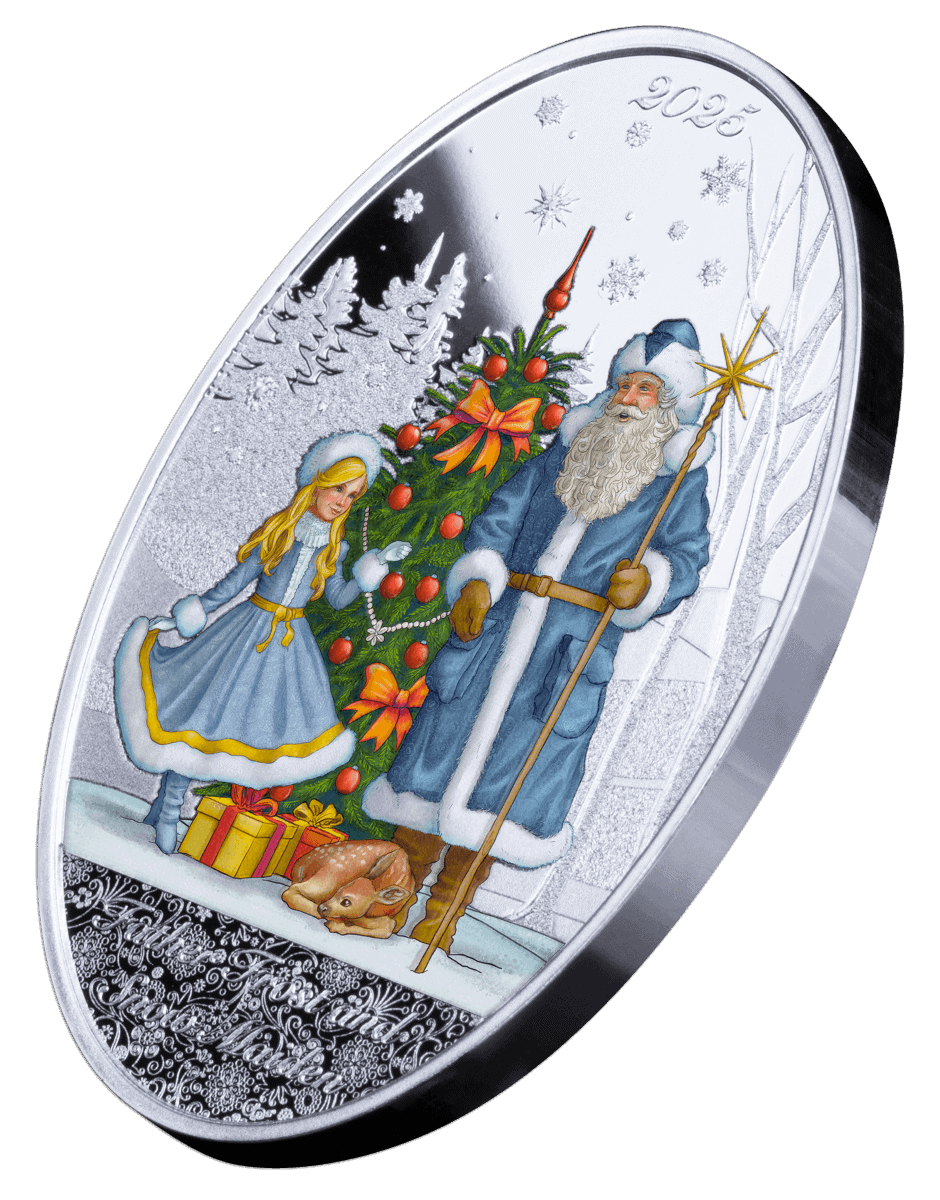Shiny silver collectible coin featuring Santa Claus and a girl next to a decorated Christmas tree with presents and a rabbit, with winter scene and snowflakes, dated 2025 from a winter holiday series.