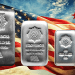 Bright silver poured bars with patriotic American flag backdrop, showcasing the craftsmanship of the 2023 mint, wei.