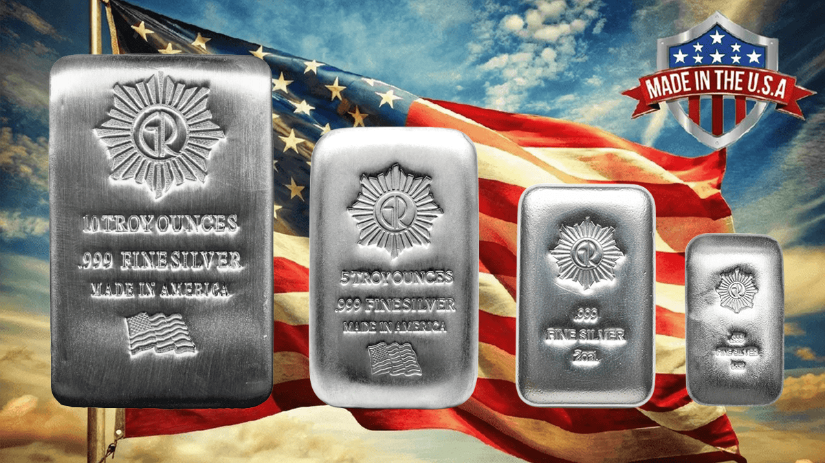 Bright silver poured bars with patriotic American flag backdrop, showcasing the craftsmanship of the 2023 mint, wei.