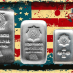 Bright angle view of 2023 American-made .999 silver poured grouped bars, showcasing detailed craftsmanship and patr.