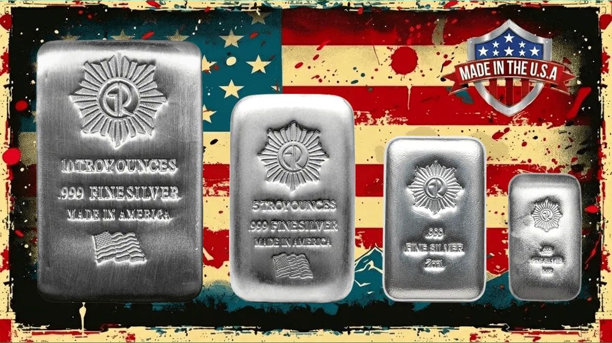 Shiny silver poured grouped bars featuring the "GR Reserve .999 Silver" inscription and American flag design.