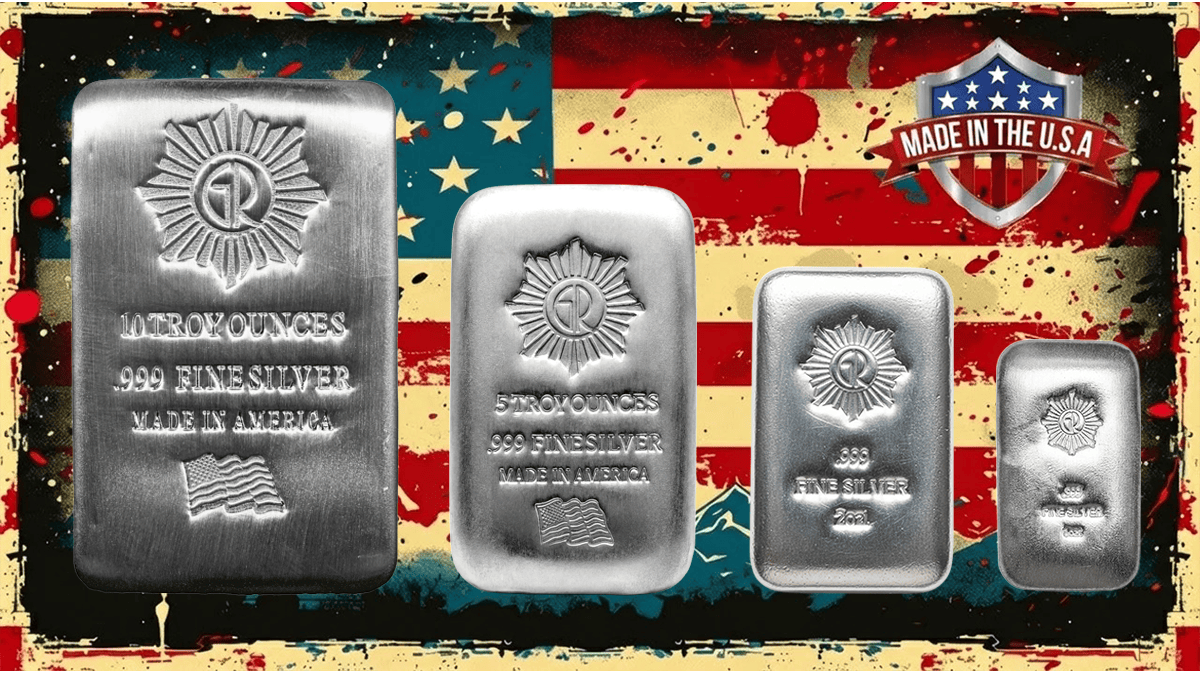 Bright angle view of 2023 American-made .999 silver poured grouped bars, showcasing detailed craftsmanship and patr.
