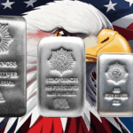 Shaped silver poured bars, 2023, minted in the USA, 1 oz weight, patriotic eagle theme, showcasing craftsmanship an.