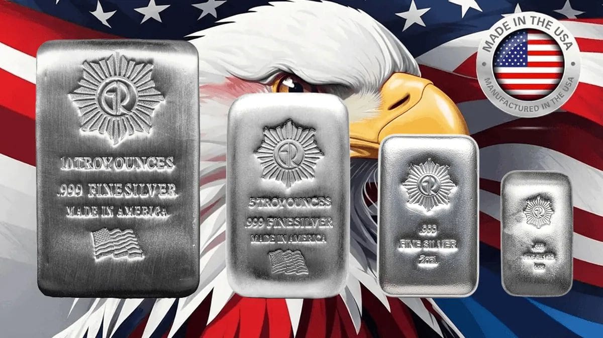 Group of four .999 silver poured bars with American flag and eagle background, showcasing American-made precious me.