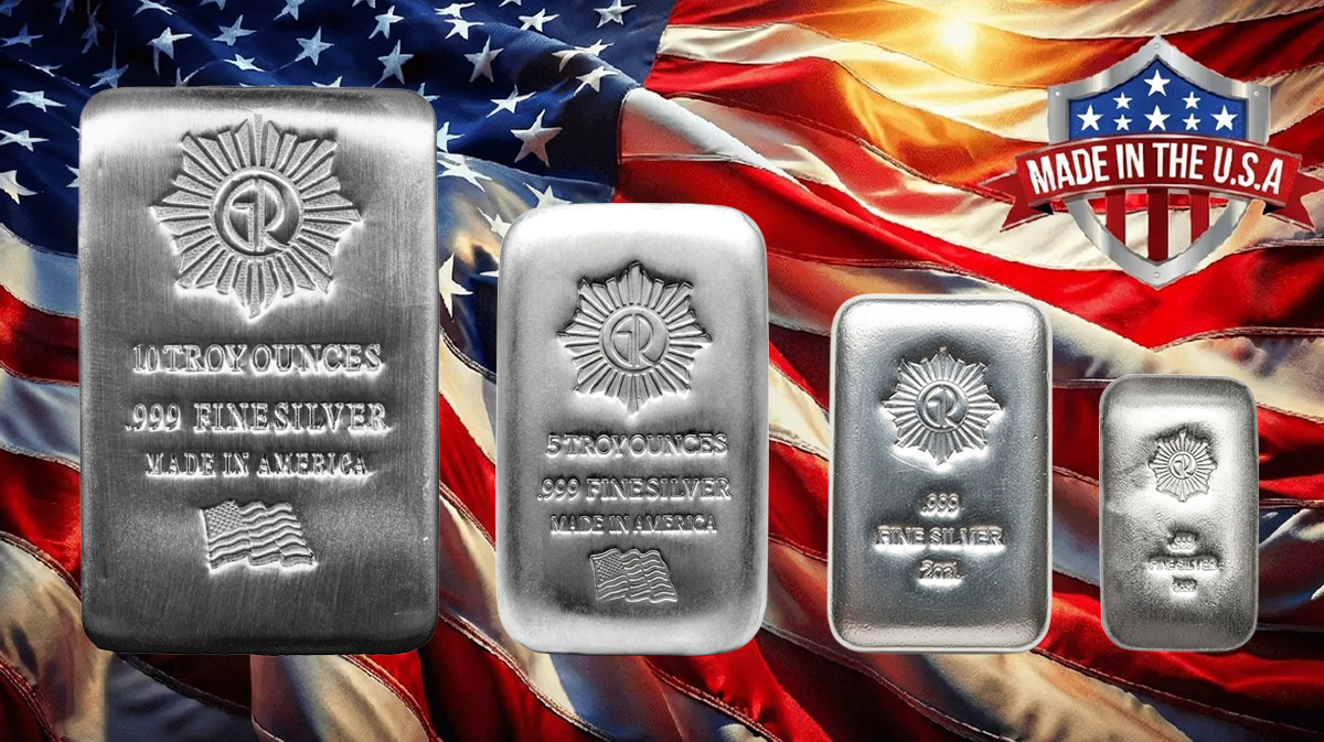 Silver poured grouped bars with American flag background, showcasing .999 purity and "Made in the U.S.A." markings.