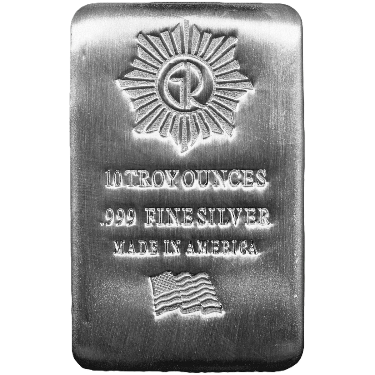 Shiny silver bar, front view, 2023, produced by a U.S. mint, weighing 10 ounces, featuring a patriotic American the.