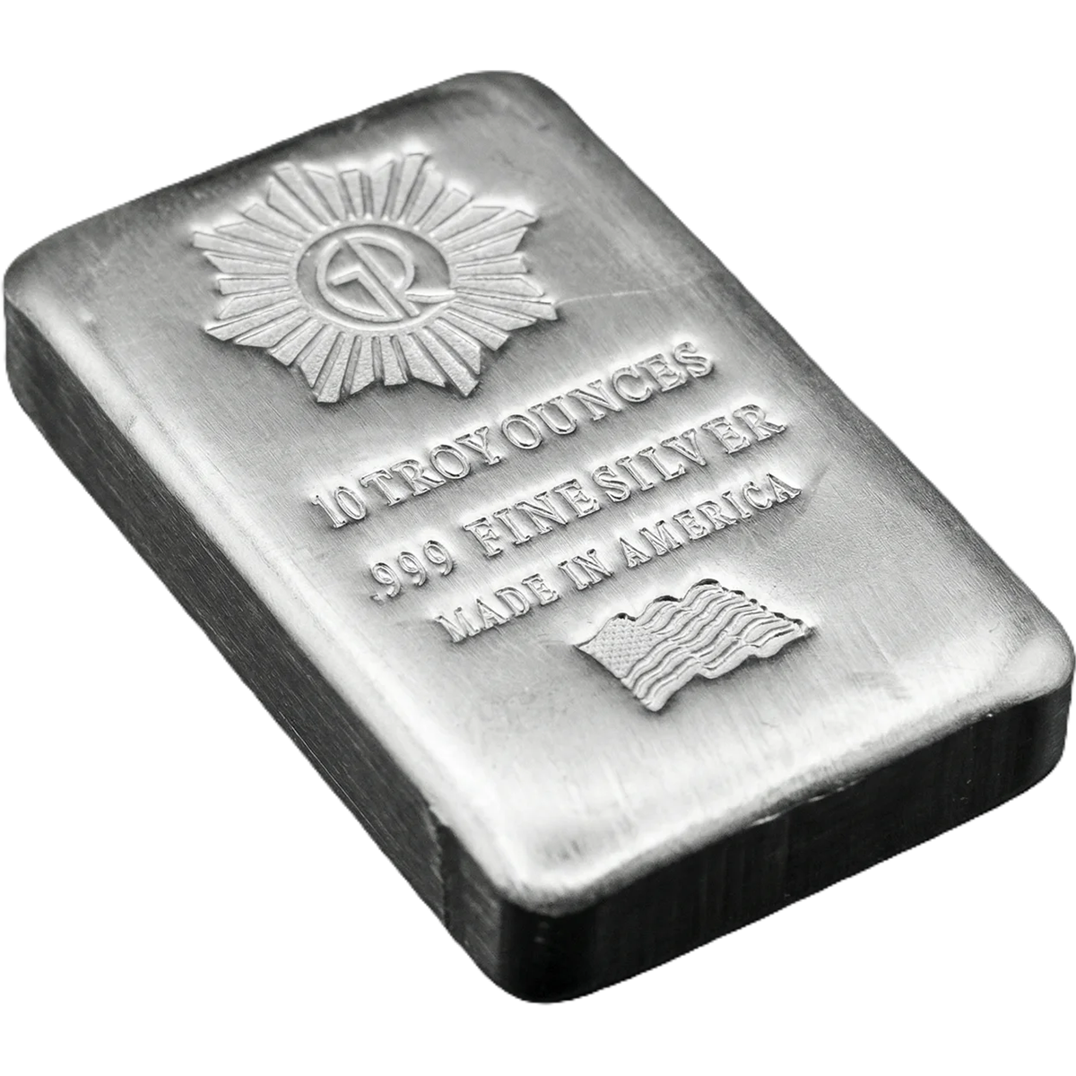 Anvil angle view of the 10oz .999 silver poured bar, 2023, minted by the US Mint, showcasing its weight and craftsm.