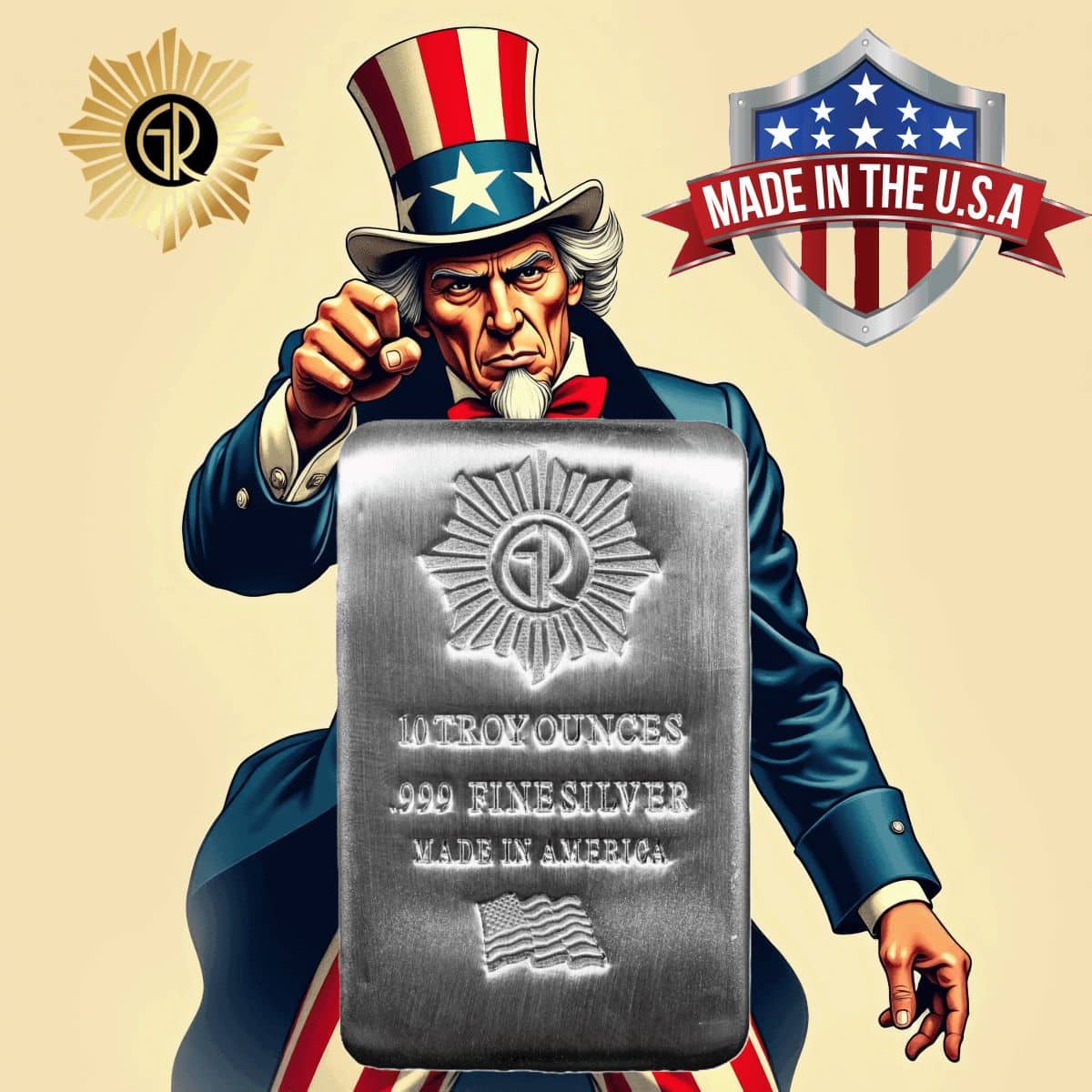 Silver bar featuring patriotic American design with "Made in the U.S.A." emblem and engraved details.