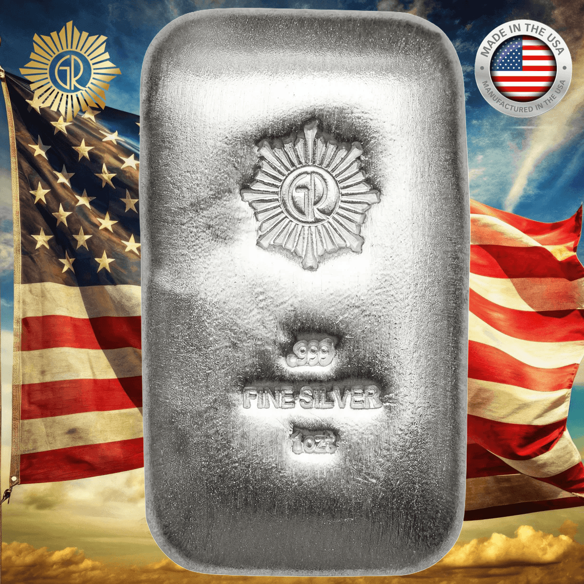 Bright angle view of the 1oz Silver .999 Poured bar from 2023, minted in the USA, showcasing its textured surface a.