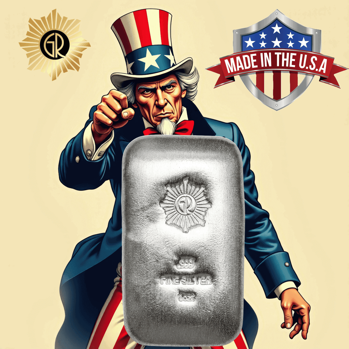 Brushed 1oz silver bar featuring patriotic Uncle Sam design, minted in 2023, with American theme, perfect for colle.