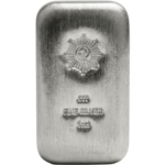 A detailed view of the front of the 1oz .999 pure silver poured bar from 2023, minted by GR Reserve, showcasing its.