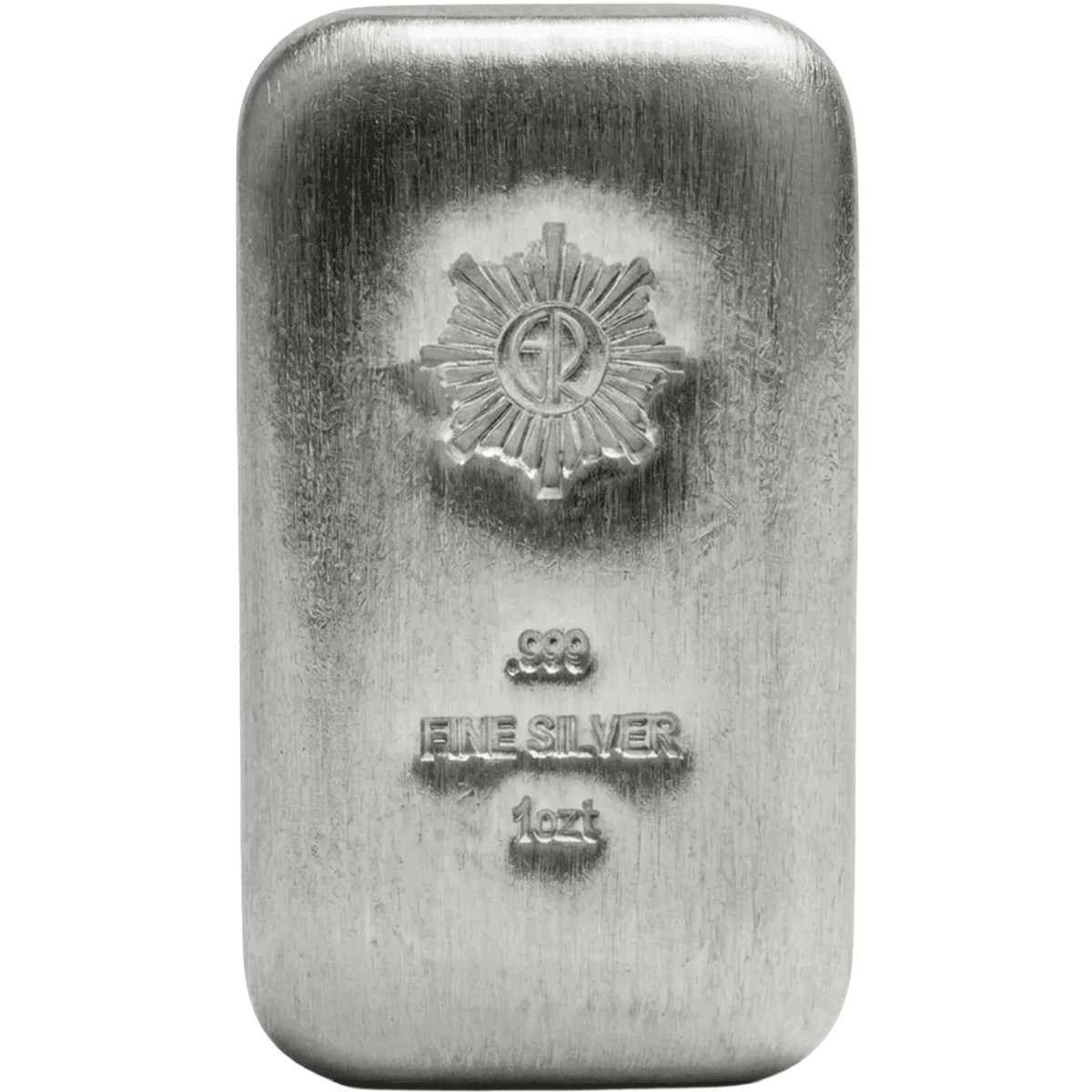 A detailed view of the front of the 1oz .999 pure silver poured bar from 2023, minted by GR Reserve, showcasing its.