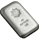 Shaded angled view of the 2023 GR Reserve 1oz Silver .999 poured bar, minted by GR Reserve, showcasing its sleek, f.