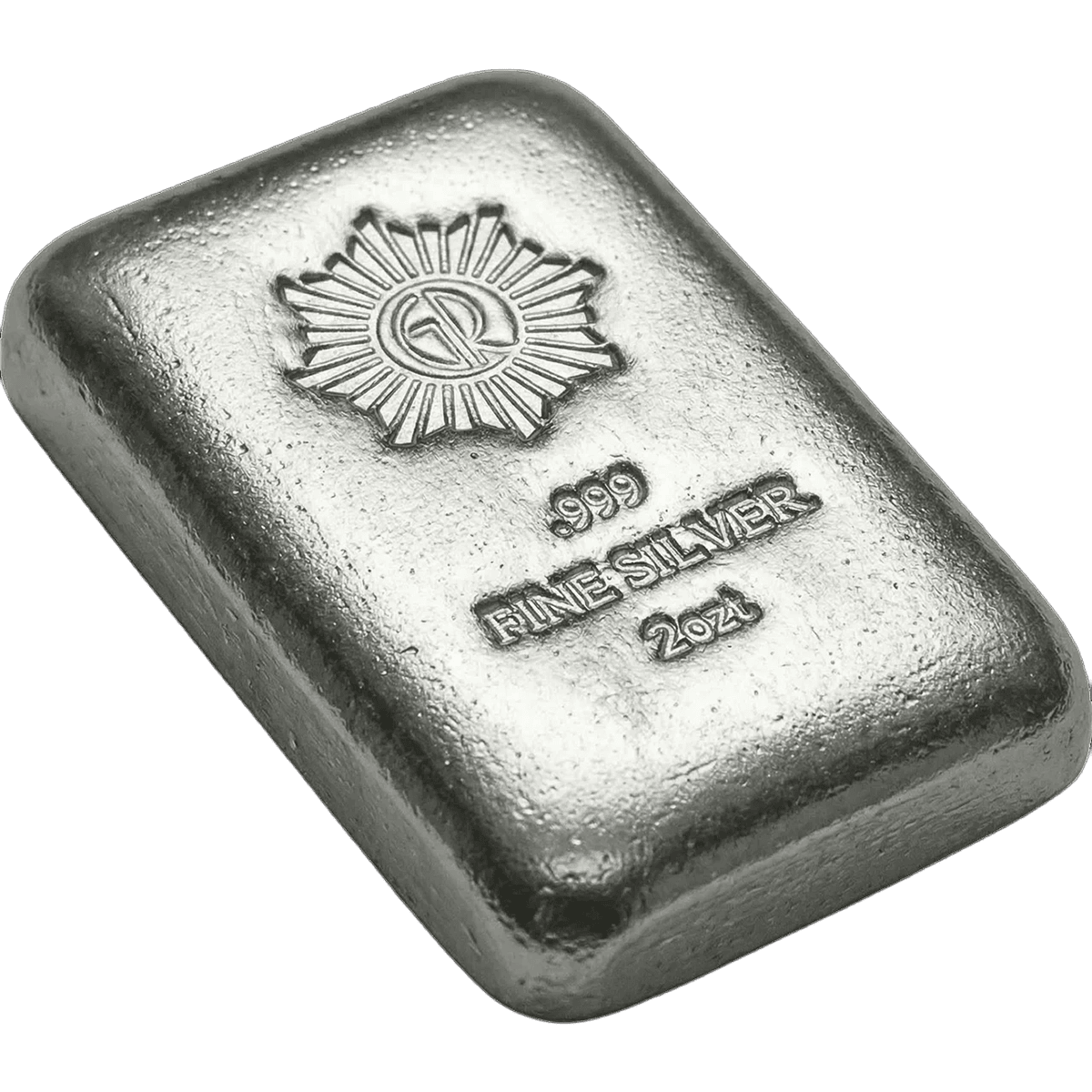 Shallow angle view of the 2024 GR Reserve 2 oz Silver .999 Cast Bar showcasing its textured surface and detailed mi.