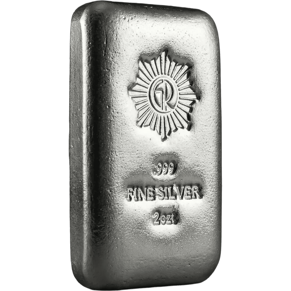 2 oz silver cast bar from 2021, minted by GR Reserve, featuring a front angle view showcasing fine craftsmanship an.