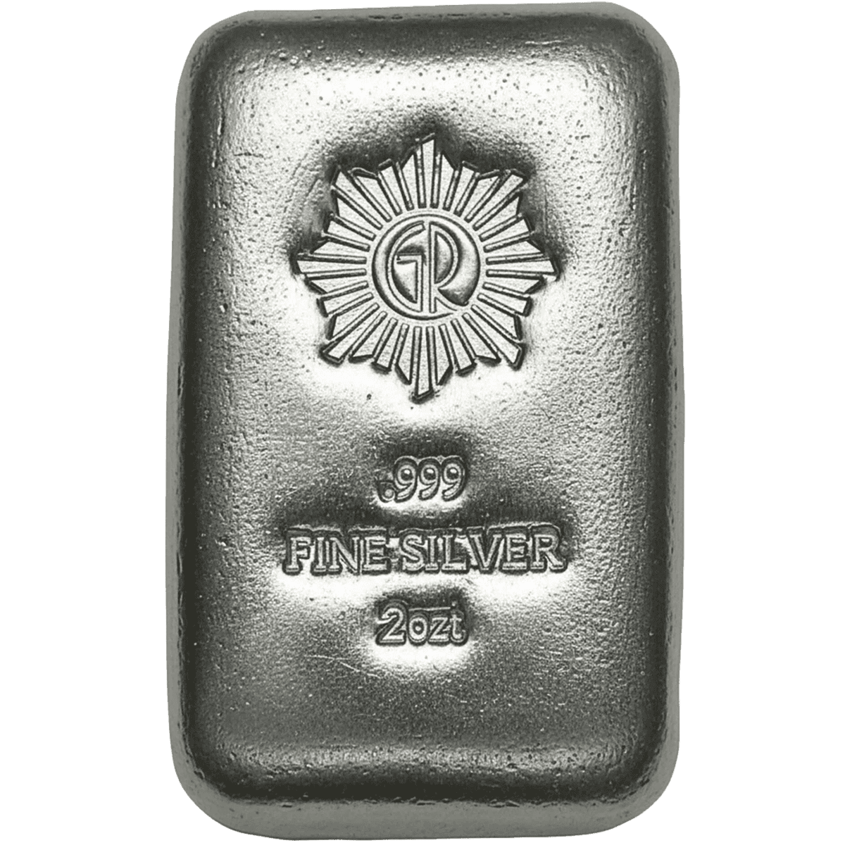 Front view of 2023 GR Mint 2 oz Silver .999 Cast Bar, fine silver collectible with logo and weight, no background.