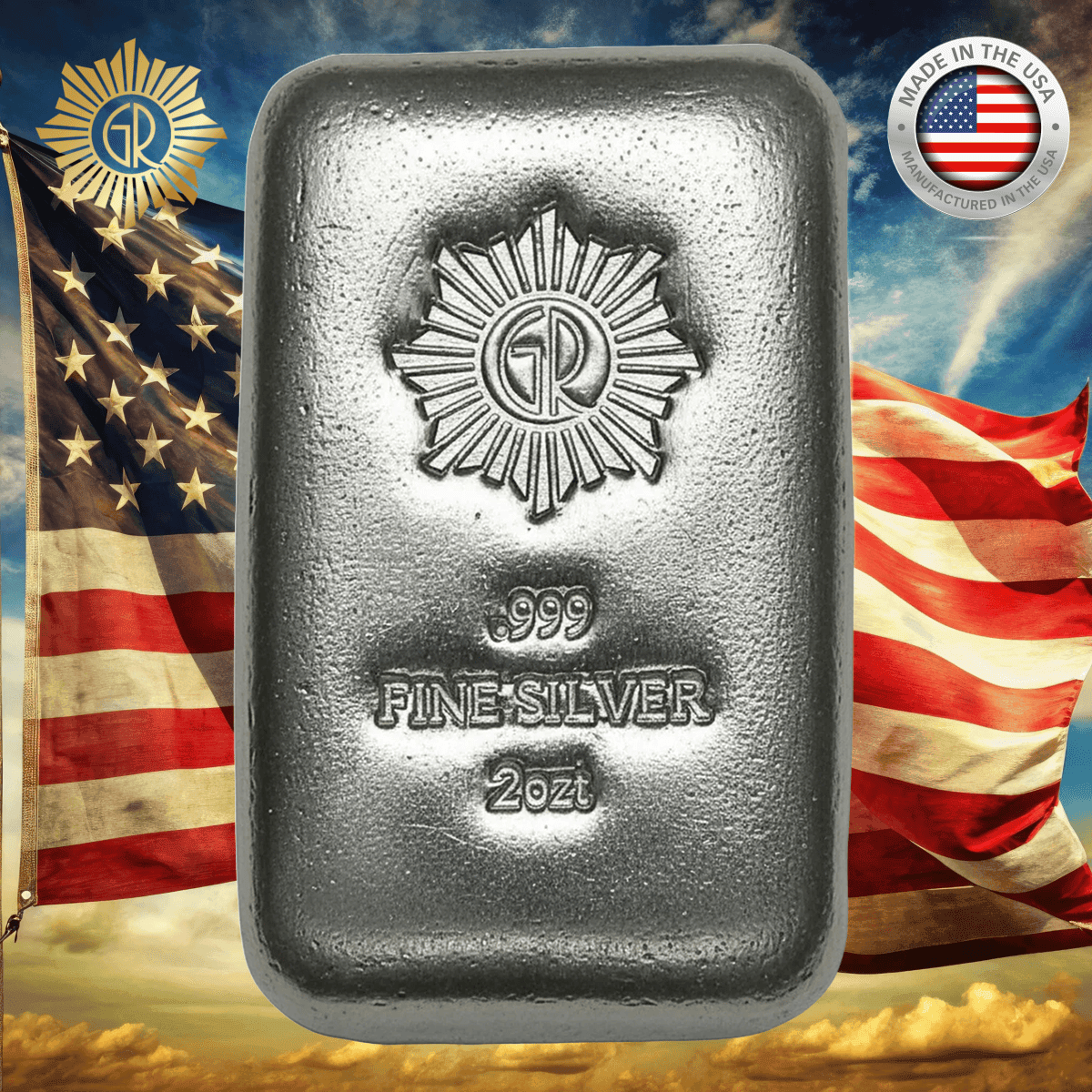 Bright silver bar from 2023, minted by GR Reserve, 2 oz weight, featuring patriotic American flags in the backgroun.
