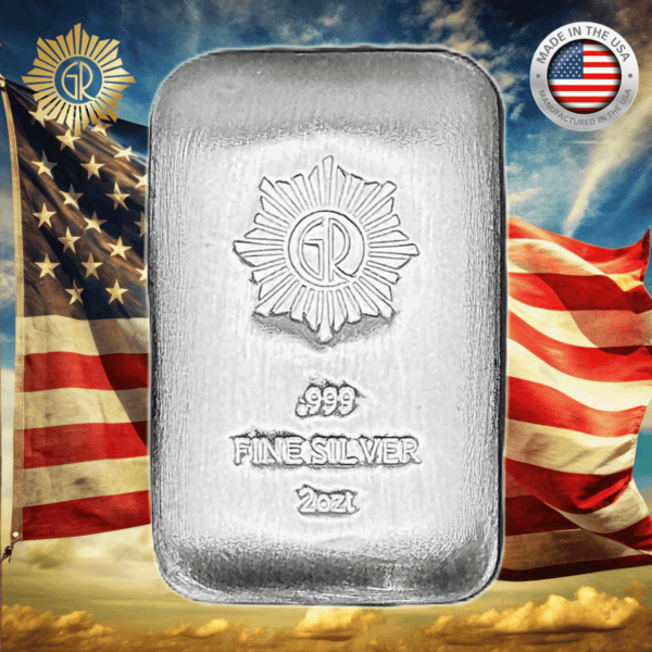Fine Silver Bar with Police Badge Design and 2021 Inscription, 1 oz, Bullion item from the US, high purity collectible silver weight, engraved logo, patriotic American flags in background.