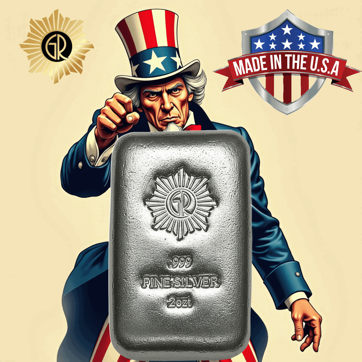 Bright silver bar featuring the iconic Uncle Sam pointing, with "GR Reserve 2 oz Silver .999" engraved, captured fr.