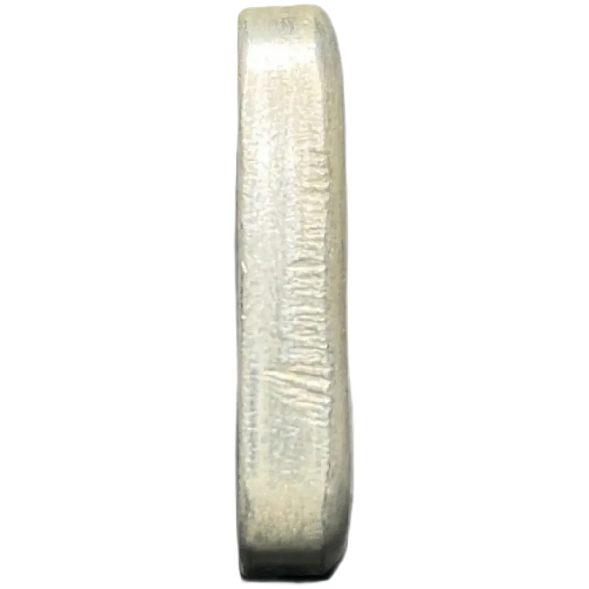 Shiny 5oz .999 silver poured bar from 2023, minted by GR Reserve, angled view showcasing its handcrafted texture an.