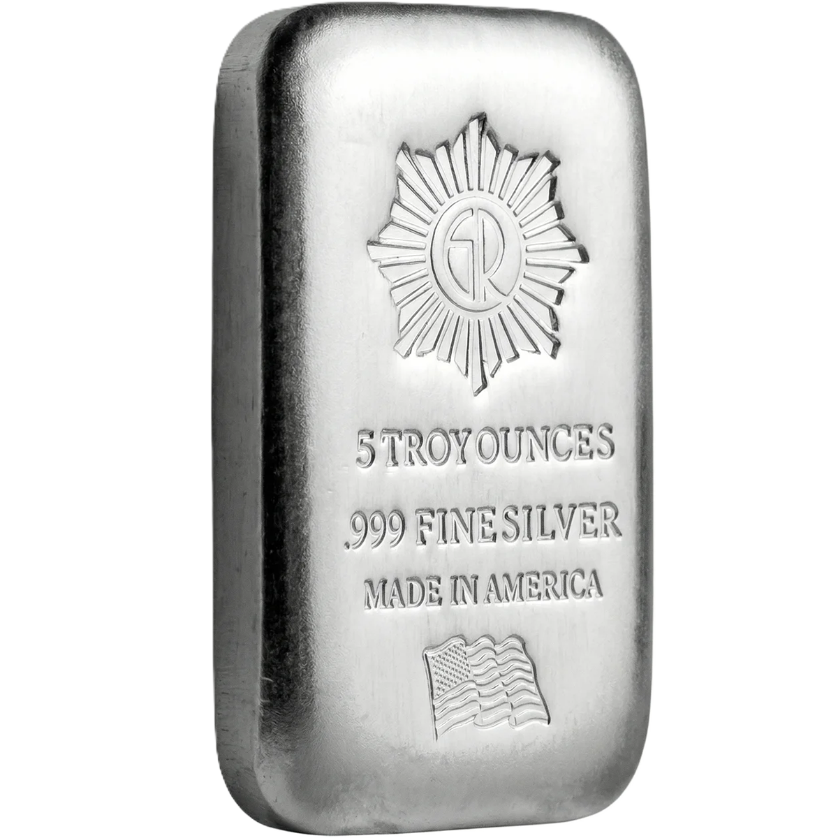 Bright angle view of the 2023 GR Reserve 5oz .999 Silver Poured Bar, minted in America, showcasing its weight and c.