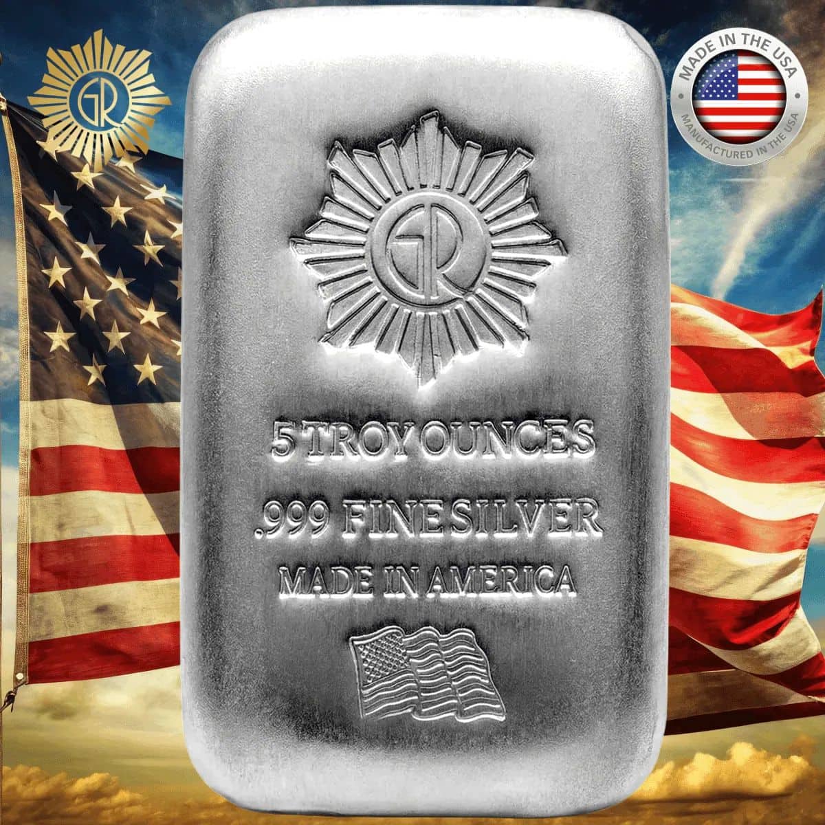 Silver poured bar with GR Reserve logo, weight, purity, and American flag engraving, set against a patriotic backgr.