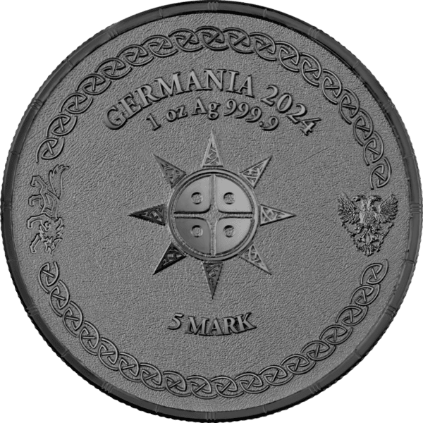 Germany 2024 5 Mark coin, 1 oz silver, detailed design with lion and eagle symbols, decorative border, year and denomination engraved.