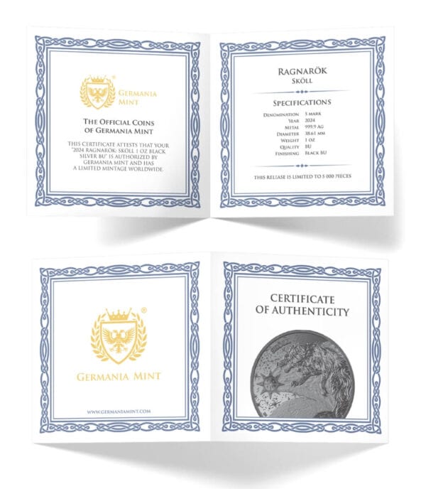 2024 Ragnarök Skoll 1 oz black silver BU coin certificate, Germania Mint official certification and specifications documentation for the collectible silver coin.